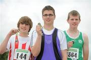 4 July 2010; Winner of the U17 Boy's Hammer, Kieran Murphy, St. Paul's, centre, with second place Shane Aston, Trim, and third place Eamonn Regan, Castlebar, during the Woodie's DIY AAI Juvenile Track & Field Championships. Tullamore Harriers Stadium, Tullamore, Co. Offaly. Picture credit: Brian Lawless / SPORTSFILE