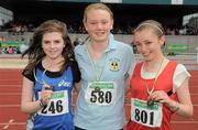 4 July 2010; Winner of the U14 Girl's Javelin Jacqui Burns, Cookstown High School, centre, with second place Lauren Finnegan, St. Peter's, left, and third place Tara Andrews, Dublin Striders, during the Woodie's DIY AAI Juvenile Track & Field Championships. Tullamore Harriers Stadium, Tullamore, Co. Offaly. Picture credit: Brian Lawless / SPORTSFILE