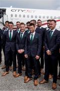 8 June 2016; Republic of Ireland players, from left, Robbie Brady, Stephen Quinn, Wesley Hoolahan and Aiden McGeady before boarding the CityJet flight to Paris for UEFA EURO2016 at Dublin Airport. CityJet is the official partner to the FAI. Photo by David Maher/Sportsfile