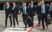 8 June 2016; Republic of Ireland players, from left, Richard Keogh, Stephen Ward, Shane Long, Cyrus Christie, John O'Shea, Daryl Murphy and Darren Randolph during the squad's departure for UEFA EURO2016 at Dublin Airport in Dublin, Ireland. Photo by David Maher/Sportsfile