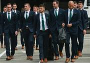 8 June 2016; Republic of Ireland players, from left, Richard Keogh, Stephen Ward, Shane Long, John O'Shea and Darren Randolph during the squad's departure for UEFA EURO2016 at Dublin Airport in Dublin, Ireland. Photo by David Maher/Sportsfile
