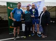 9 June 2016; The Europcar Team are presented with their trophy by Athletics Ireland President, Georgina Drumm, right, and Grant Thornton Partner Tony Thornbury left, after winning first male team with a combined time of 1:24:12 at the Grant Thornton Corporate 5K Team Challenge at the National Sports Campus in Abbotstown, Dublin. Photo by Sam Barnes/Sportsfile