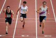 11 July 2010; David Hynes, 479, Menapians AC, beats David Gillick, 413, Dundrum South Dublin AC, and Eoin Muldowney, Castlecomer AC, in the heats of the Men's 100m at the Woodie's DIY AAI Senior Track & Field Championships. Morton Stadium, Santry, Dublin. Picture credit: Brendan Moran / SPORTSFILE