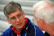 3 July 2001; Cavan manager Val Andrews, left, speaking with Tyrone joint manager Art McRory at a press conference in the Bank of Ireland Head Office, Dublin, for the forthcoming Bank of Ireland Ulster Football Final which takes place on Sunday next in Clones. Picture credit; Brendan Moran / SPORTSFILE