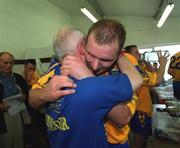 1 July 2001; Rosscommon manager John Tobin celebrates with captain Fergal O'Donnell following the Bank of Ireland Connacht Senior Football Championship Final match between Roscommon and Mayo at Dr. Hyde Park in Roscommon. Photo by David Maher/Sportsfile