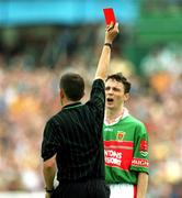 1 July 2001; Referee Seamus McCormack issues a red card to Ray Connelly of Mayo during the Bank of Ireland Connacht Senior Football Championship Final match between Roscommon and Mayo at Dr. Hyde Park in Roscommon. Photo by David Maher/Sportsfile