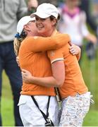11 June 2016; Maria Dunne of GB&I is congratulated by team captain Elaine Farquharson-Black on the 18th green after she won her match with team-mate Meghan MacLaren against Sierra Brooks and Andrea Lee of USA during the Morning Foursomes on day two of the Curtis Cup Matches at Dun Laoghaire Golf Club in Enniskerry, Co. Wicklow. Photo by Matt Browne/Sportsfile