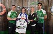11 June 2016; U14 Féile na nGael participant Aoife Fitzgerald from Gailltir GAA Club, Co. Waterford, being presented with a commemorative jersey by John West ambassadors, Philly McMahon, left, and Danny Sutcliffe and Edwina Keane, Kilkenny camogie player, at the John West Féile National Skills Star Challenge 2016, at the in the National Games Development Centre, Abbotstown, Dublin. Photo by Sportsfile