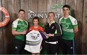11 June 2016; U14 Féile na nGael participant Nicola McBirney, from St. Brenda’s Ballymacnab GAA Club, Co. Armagh, being presented with a commemorative jersey by John West ambassadors, Philly McMahon, left, and Danny Sutcliffe and Edwina Keane, Kilkenny camogie player, at the John West Féile National Skills Star Challenge 2016, at the National Games Development Centre, Abbotstown, Dublin. Photo by Sportsfile