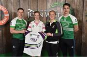 11 June 2016; U14 Féile na nGael participant Abby Tarrant, from Leixlip GAA Club, Co. Kildare, being presented with a commemorative jersey by John West ambassadors, Philly McMahon, left, and Danny Sutcliffe and Edwina Keane, Kilkenny camogie player, at the John West Féile National Skills Star Challenge 2016, at the National Games Development Centre, Abbotstown, Dublin. Photo by Sportsfile