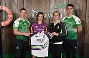 11 June 2016; U14 Féile na nGael participant Amy Cahill, from Rathnure GAA Club, Co. Wexford, being presented with a commemorative jersey by John West ambassadors, Philly McMahon, left, and Danny Sutcliffe and Edwina Keane, Kilkenny camogie player, at the John West Féile National Skills Star Challenge 2016, at the National Games Development Centre, Abbotstown, Dublin. Photo by Sportsfile