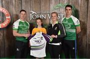 11 June 2016; U14 Féile na nGael participant Lorna McNamara from Killanena GAA Club, Co. Clare, being presented with a commemorative jersey by John West ambassadors, Philly McMahon, left, and Danny Sutcliffe and Edwina Keane, Kilkenny camogie player, at the John West Féile National Skills Star Challenge 2016, at the  in the National Games Development Centre, Abbotstown, Dublin. Photo by Sportsfile