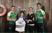 11 June 2016; U14 Féile na nGael participant Alana O’Brien from Lacken GAA Club, Co. Cavan, being presented with a commemorative jersey by John West ambassadors, Philly McMahon, left, and Danny Sutcliffe and Edwina Keane, Kilkenny camogie player, at the John West Féile National Skills Star Challenge 2016, at the  in the National Games Development Centre, Abbotstown, Dublin. Photo by Sportsfile