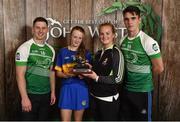 11 June 2016; U14 Féile na nGael winner Eimear Heffernan from Kickhams GAA Club, Co. Tipperary being presented her winners trophy by John West ambassadors, Philly McMahon, left, and Danny Sutcliffe and Edwina Keane, Kilkenny camogie player, at the John West Féile National Skills Star Challenge 2016, in the National Games Development Centre, Abbotstown, Dublin. Photo by Sportsfile