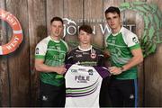 11 June 2016; U14 Féile na nGael participant Sean Paul McKernan, from Eoghan Ruadh GAA Club, Co. Tyrone, being presented with a commemorative jersey by John West ambassadors, Philly McMahon, left, and Danny Sutcliffe, at the John West Féile National Skills Star Challenge 2016, at the National Games Development Centre, Abbotstown, Dublin. Photo by Sportsfile