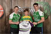 11 June 2016; U14 Féile na nGael participant Paul O’Donnell, from St. Eunans GAA Club, Co. Donegal, being presented with a commemorative jersey by John West ambassadors, Philly McMahon, left, and Danny Sutcliffe, at the John West Féile National Skills Star Challenge 2016, at the National Games Development Centre, Abbotstown, Dublin. Photo by Sportsfile