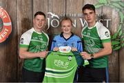 11 June 2016; U14 Féile Peil na nÓg participant Kate Moore, from Moyle Rovers GAA Club, Co. Tipperary, being presented with a commemorative jersey by John West ambassadors, Philly McMahon, left, and Danny Sutcliffe, at the John West Féile National Skills Star Challenge 2016, at the National Games Development Centre, Abbotstown, Dublin. Photo by Sportsfile