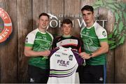 11 June 2016; U14 Féile na nGael participant Ben Bolger, from Muine Bheag GAA Club, Co. Carlow, being presented with a commemorative jersey by John West ambassadors, Philly McMahon, left, and Danny Sutcliffe, at the John West Féile National Skills Star Challenge 2016, at the National Games Development Centre, Abbotstown, Dublin. Photo by Sportsfile