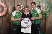 11 June 2016; U14 Féile na nGael participant Oisin Flynn, from Castleconner GAA Club, Co. Sligo, being presented with a commemorative jersey by John West ambassadors, Philly McMahon, left, and Danny Sutcliffe, at the John West Féile National Skills Star Challenge 2016, at the National Games Development Centre, Abbotstown, Dublin. Photo by Sportsfile