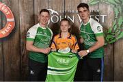 11 June 2016; U14 Féile Peil na nÓg participant Amy Alcock, from Na Fianna GAA Club, Co. Dublin, being presented with a commemorative jersey by John West ambassadors, Philly McMahon, left, and Danny Sutcliffe, at the John West Féile National Skills Star Challenge 2016, at the National Games Development Centre, Abbotstown, Dublin. Photo by Sportsfile