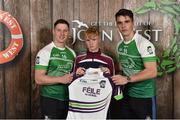 11 June 2016; U14 Féile na nGael participant Cathal O’Shaughnessy, from Ballinakill GAA Club, Co. Laois, being presented with a commemorative jersey by John West ambassadors, Philly McMahon, left, and Danny Sutcliffe, at the John West Féile National Skills Star Challenge 2016, at the National Games Development Centre, Abbotstown, Dublin. Photo by Sportsfile