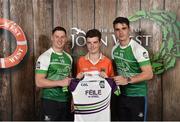 11 June 2016; U14 Féile na nGael participant Adam Murtagh, from Cuchalainn GAA Club, Co. Armagh, being presented with a commemorative jersey by John West ambassadors, Philly McMahon, left, and Danny Sutcliffe, at the John West Féile National Skills Star Challenge 2016, at the National Games Development Centre, Abbotstown, Dublin. Photo by Sportsfile