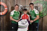 11 June 2016; U14 Féile na nGael participant Tom Matthews, from St. Kevins GAA Club, Co. Louth, being presented with a commemorative jersey by John West ambassadors, Philly McMahon, left, and Danny Sutcliffe, at the John West Féile National Skills Star Challenge 2016, at the National Games Development Centre, Abbotstown, Dublin. Photo by Sportsfile