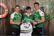 11 June 2016; U14 Féile na nGael participant Cathal O’Neill, from Crecora GAA Club, Co. Limerick, being presented with a commemorative jersey by John West ambassadors, Philly McMahon, left, and Danny Sutcliffe, at the John West Féile National Skills Star Challenge 2016, at the National Games Development Centre, Abbotstown, Dublin. Photo by Sportsfile