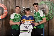 11 June 2016; U14 Féile na nGael participant Alex Watson, from Castleknock GAA Club, Co Dublin, being presented with a commemorative jersey by John West ambassadors, Philly McMahon, left, and Danny Sutcliffe, at the John West Féile National Skills Star Challenge 2016, at the National Games Development Centre, Abbotstown, Dublin. Photo by Sportsfile