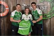 11 June 2016; U14 Féile Peil na nÓg participant Rebecca Reddin from Portlaoise GAA Club, Co. Laois, being presented with a commemorative jersey by John West ambassadors, Philly McMahon, left, and Danny Sutcliffe, at the John West Féile National Skills Star Challenge 2016, at the National Games Development Centre, Abbotstown, Dublin. Photo by Sportsfile