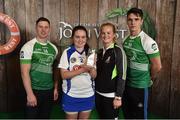 11 June 2016; 2nd place in the U14 Féile na nGael Aoife Fitzgerald from Gailltir GAA Club, Co. Waterford, being presented her winners trophy by John West ambassadors, Philly McMahon, left, and Danny Sutcliffe and Edwina Keane, Kilkenny camogie player, at the John West Féile National Skills Star Challenge 2016, in the National Games Development Centre, Abbotstown, Dublin. Photo by Sportsfile