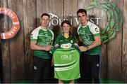 11 June 2016; U14 Féile Peil na nÓg participant Kayla Letters from St. Treas GAA Club, Ballymaguigan, Co. Derry, being presented with a commemorative jersey by John West ambassadors, Philly McMahon, left, and Danny Sutcliffe, at the John West Féile National Skills Star Challenge 2016, at the National Games Development Centre, Abbotstown, Dublin. Photo by Sportsfile