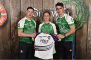 11 June 2016; U14 Féile Peil na nÓg participant Cara Maguire, from Drumlin GAA Club, Co. Cavan, being presented with a commemorative jersey by John West ambassadors, Philly McMahon, left, and Danny Sutcliffe, at the John West Féile National Skills Star Challenge 2016, at the National Games Development Centre, Abbotstown, Dublin. Photo by Sportsfile