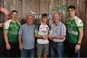 11 June 2016; Conor and Shane Aherne presenting the Paddy Commins from Gort GAA Club, Co. Galway, with the U14 Féile na nGael joint 3rd place trophy, alongside John West ambassadors, Philly McMahon, left, and Danny Sutcliffe, at the John West Féile National Skills Star Challenge 2016, in the National Games Development Centre, Abbotstown, Dublin. Photo by Sportsfile