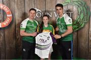 11 June 2016; U14 Féile Peil na nÓg participant Melissa O’Kane from St. Brigid’s Gaels GAA Club, Co. Longford, being presented with a commemorative jersey by John West ambassadors, Philly McMahon, left, and Danny Sutcliffe, at the John West Féile National Skills Star Challenge 2016, at the National Games Development Centre, Abbotstown, Dublin. Photo by Sportsfile