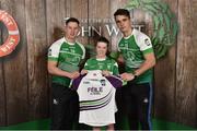 11 June 2016; U14 Féile Peil na nÓg participant Niamh McKay from Con Magees GAA Club, Co. Antrim, being presented with a commemorative jersey by John West ambassadors, Philly McMahon, left, and Danny Sutcliffe, at the John West Féile National Skills Star Challenge 2016, at the National Games Development Centre, Abbotstown, Dublin. Photo by Sportsfile