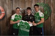 11 June 2016; U14 Féile Peil na nÓg participant Eoghan Smith from Drumcliffe / Rosses point GAA Club, Co. Sligo, being presented with a commemorative jersey by John West ambassadors, Philly McMahon, left, and Danny Sutcliffe, at the John West Féile National Skills Star Challenge 2016, in the National Games Development Centre, Abbotstown, Dublin. Photo by Sportsfile