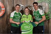 11 June 2016; U14 Féile Peil na nÓg participant Darragh Flynn from Co. Offaly being presented with a commemorative jersey by John West ambassadors, Philly McMahon, left, and Danny Sutcliffe, at the John West Féile National Skills Star Challenge 2016, in the National Games Development Centre, Abbotstown, Dublin. Photo by Sportsfile
