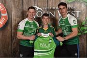 11 June 2016; U14 Féile Peil na nÓg participant Niall Finnerty from Co. Meath being presented with a commemorative jersey by John West ambassadors, Philly McMahon, left, and Danny Sutcliffe, at the John West Féile National Skills Star Challenge 2016, in the National Games Development Centre, Abbotstown, Dublin. Photo by Sportsfile