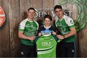 11 June 2016; U14 Féile Peil na nÓg participant Cian McGuinness from Longford Slashers GAA Club, Co. Longford, being presented with a commemorative jersey by John West ambassadors, Philly McMahon, left, and Danny Sutcliffe, at the John West Féile National Skills Star Challenge 2016, in the National Games Development Centre, Abbotstown, Dublin. Photo by Sportsfile
