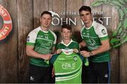 11 June 2016; U14 Féile Peil na nÓg participant Jamie Baynham from Monagea GAA Club, Co. Limerick, being presented with a commemorative jersey by John West ambassadors, Philly McMahon, left, and Danny Sutcliffe, at the John West Féile National Skills Star Challenge 2016, in the National Games Development Centre, Abbotstown, Dublin. Photo by Sportsfile