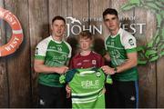 11 June 2016; U14 Féile Peil na nÓg participant Harry Comer from Co. Galway being presented with a commemorative jersey by John West ambassadors, Philly McMahon, left, and Danny Sutcliffe, at the John West Féile National Skills Star Challenge 2016, in the National Games Development Centre, Abbotstown, Dublin. Photo by Sportsfile