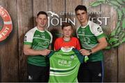 11 June 2016; U14 Féile Peil na nÓg participant Oisin Dillon from Co. Carlow being presented with a commemorative jersey by John West ambassadors, Philly McMahon, left, and Danny Sutcliffe, at the John West Féile National Skills Star Challenge 2016, in the National Games Development Centre, Abbotstown, Dublin. Photo by Sportsfile