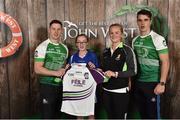 11 June 2016; U14 Féile na nGael participant Eimear Fitzpatrick from The Harp’s GAA Club, Co. Laois, being presented with a commemorative jersey by John West ambassadors, Philly McMahon, left, and Danny Sutcliffe and Edwina Keane, Kilkenny camogie player, at the John West Féile National Skills Star Challenge 2016, at the National Games Development Centre, Abbotstown, Dublin. Photo by Sportsfile