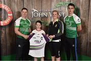 11 June 2016; U14 Féile na nGael participant Sorcha Canavan from Cailini an Chnoic Doiretreasc GAA Club, Co. Tyrone, being presented with a commemorative jersey by John West ambassadors, Philly McMahon, left, and Danny Sutcliffe and Edwina Keane, Kilkenny camogie player, at the John West Féile National Skills Star Challenge 2016, at the National Games Development Centre, Abbotstown, Dublin. Photo by Sportsfile