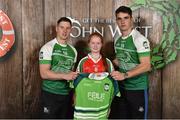 11 June 2016; U14 Féile Peil na nÓg participant Aisling Begley from Aodh Ruadh GAA Club, Co, Tyrone, being presented with a commemorative jersey by John West ambassadors, Philly McMahon, left, and Danny Sutcliffe, at the John West Féile National Skills Star Challenge 2016, in the National Games Development Centre, Abbotstown, Dublin. Photo by Sportsfile