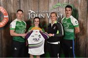 11 June 2016; U14 Féile na nGael participant Clodagh Colhoun from Kildalkey GAA Club, Co. Meath, being presented with a commemorative jersey by John West ambassadors, Philly McMahon, left, and Danny Sutcliffe and Edwina Keane, Kilkenny camogie player, at the John West Féile National Skills Star Challenge 2016, at the National Games Development Centre, Abbotstown, Dublin. Photo by Sportsfile