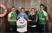 11 June 2016; U14 Féile na nGael participant Eirin Kennedy from Good Counsel GAA Club, Co. Dublin, being presented with a commemorative jersey by John West ambassadors, Philly McMahon, left, and Danny Sutcliffe and Edwina Keane, Kilkenny camogie player, at the John West Féile National Skills Star Challenge 2016, at the  in the National Games Development Centre, Abbotstown, Dublin. Photo by Sportsfile