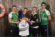 11 June 2016; U14 Féile na nGael participant Eimear Heffernan from Kickhams GAA Club, Co. Tipperary, being presented with a commemorative jersey by John West ambassadors, Philly McMahon, left, and Danny Sutcliffe and Edwina Keane, Kilkenny camogie player, at the John West Féile National Skills Star Challenge 2016, at the  in the National Games Development Centre, Abbotstown, Dublin. Photo by Sportsfile