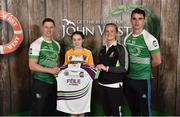11 June 2016; U14 Féile na nGael participant Caitlin Heggarty from Ballycastle GAA Club, Co. Antrim, being presented with a commemorative jersey by John West ambassadors, Philly McMahon, left, and Danny Sutcliffe and Edwina Keane, Kilkenny camogie player, at the John West Féile National Skills Star Challenge 2016, at the  in the National Games Development Centre, Abbotstown, Dublin. Photo by Sportsfile